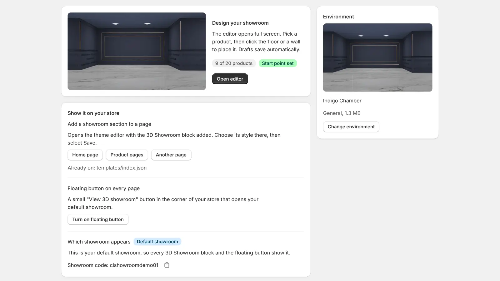 The showroom page with buttons to add the showroom to the home page, product pages or another page