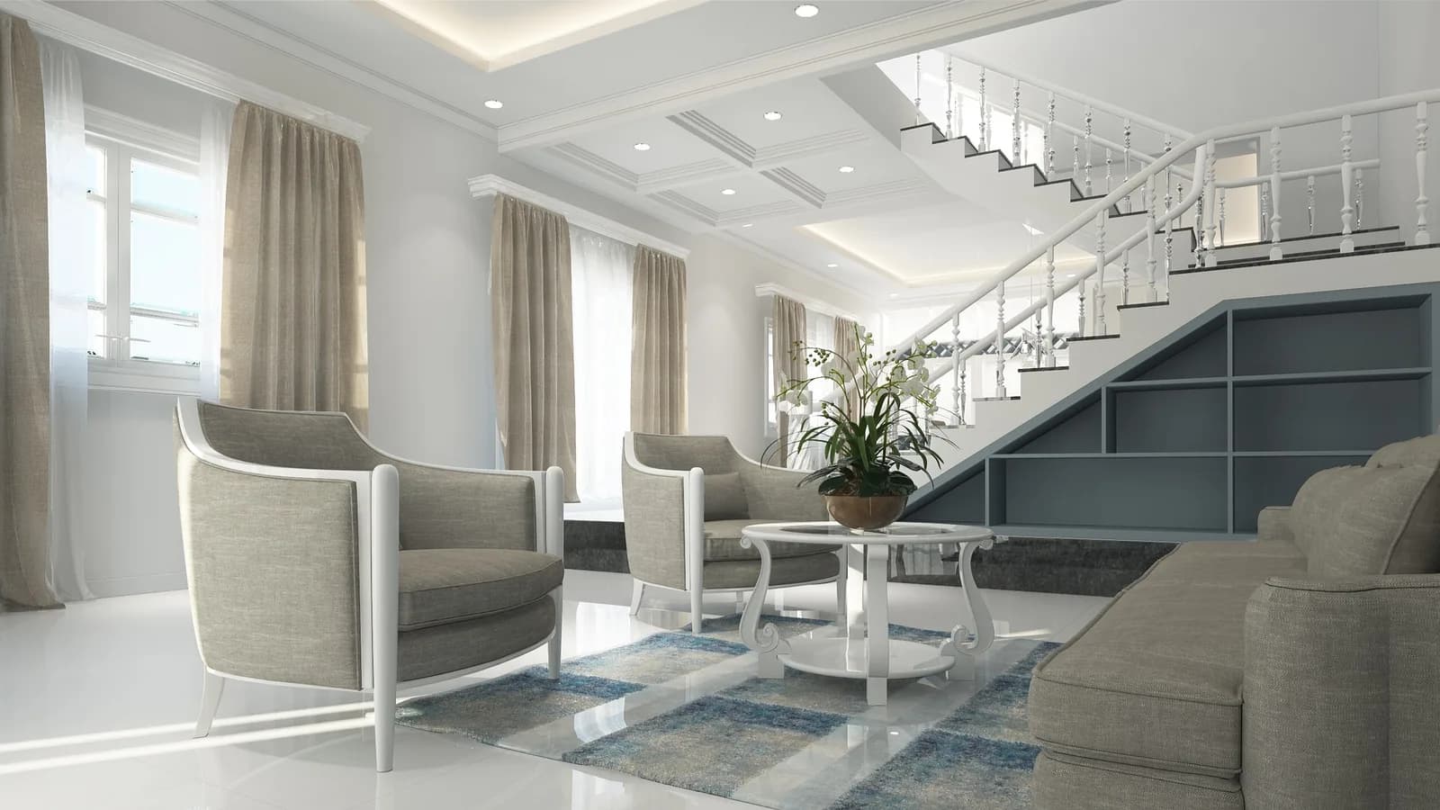 A bright living room with curtains and a plant